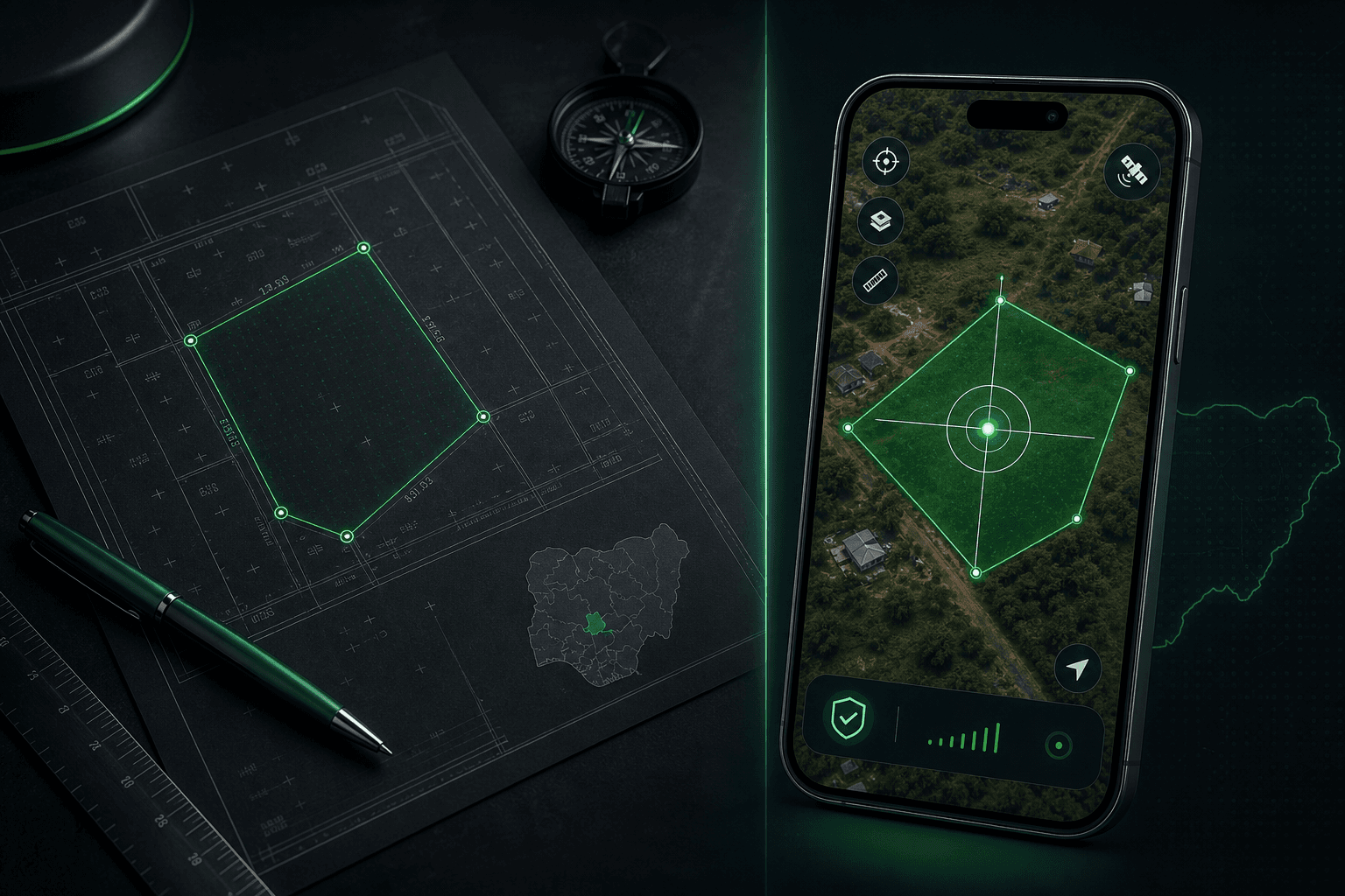 Survey plan on a desk beside a phone capturing GPS on a land parcel for instant fraud review.