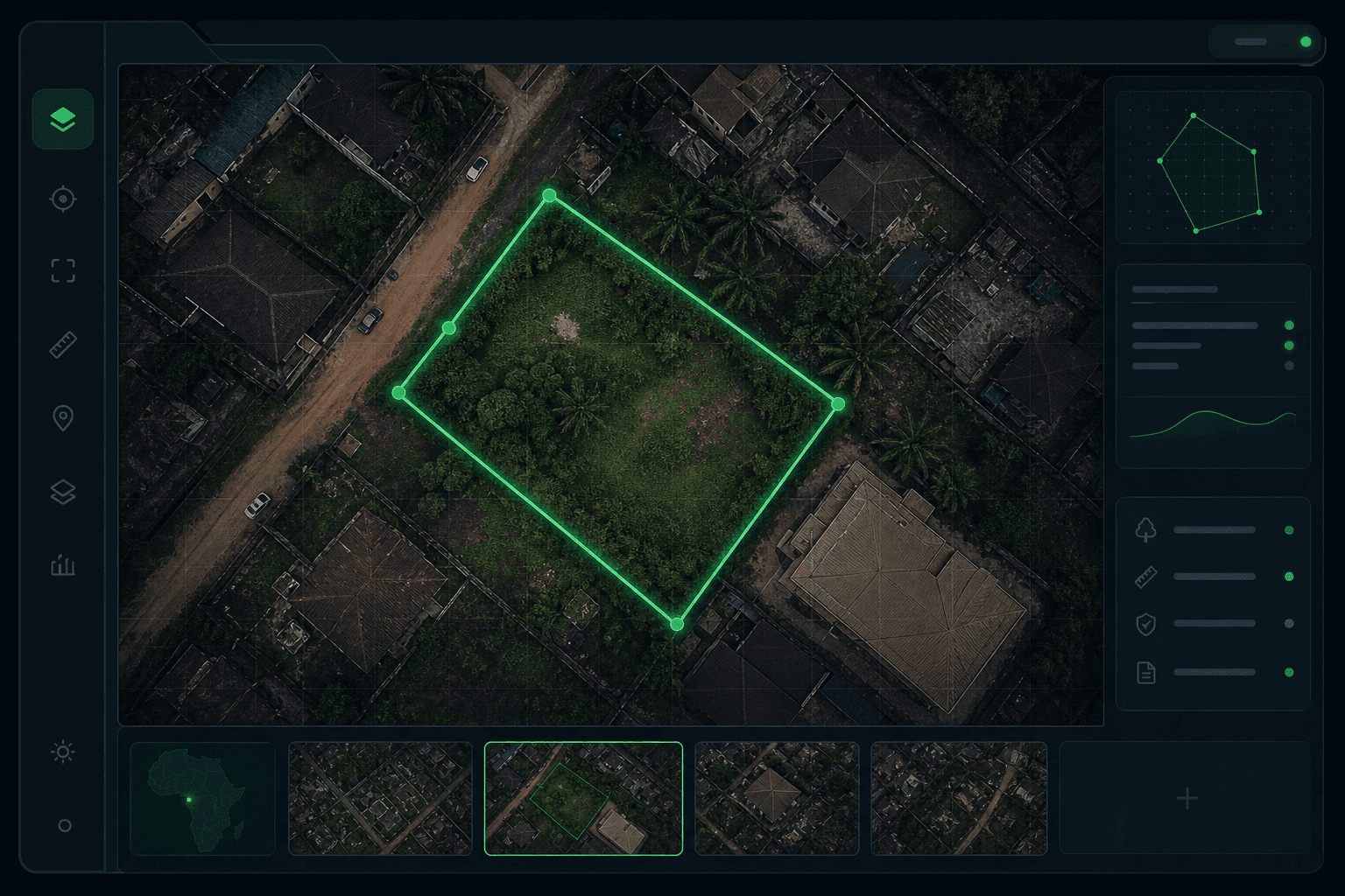 Satellite map with an emerald parcel boundary drawn on a plot.