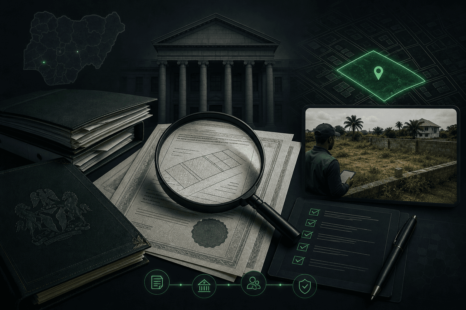 Registry documents, court search, and site visit imagery for full title due diligence.